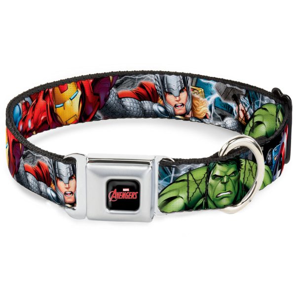 MARVEL AVENGERS Logo Full Color Black Red White Seatbelt Buckle Collar - Marvel Avengers 4-Superhero Poses CLOSE-UP Sale