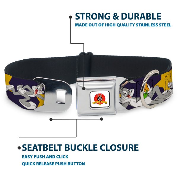 Looney Tunes Logo Full Color White Seatbelt Buckle Collar - Bugs Bunny Poses Stars Navy For Sale - Image 4