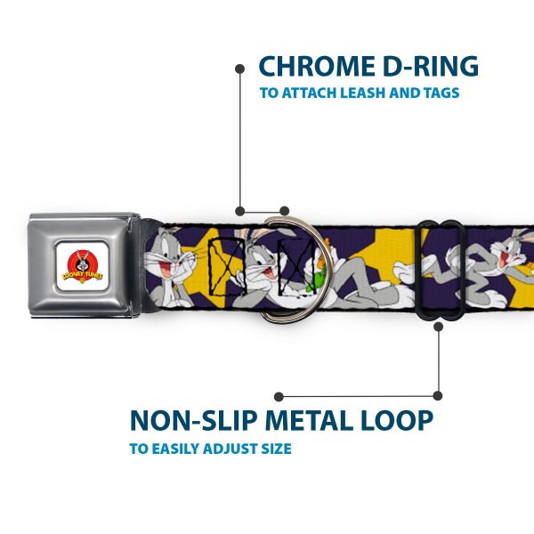 Looney Tunes Logo Full Color White Seatbelt Buckle Collar - Bugs Bunny Poses Stars Navy For Sale - Image 5