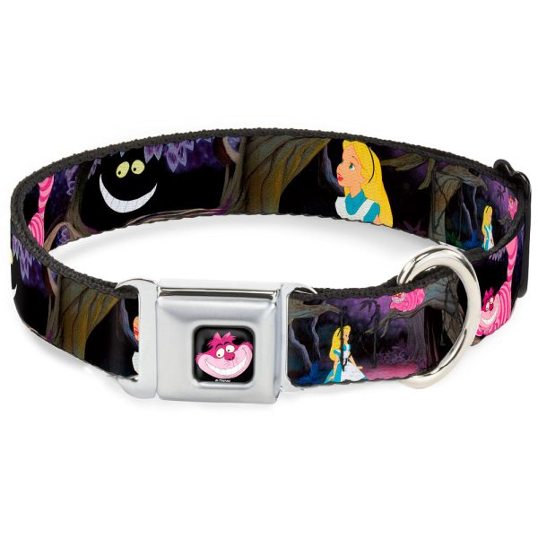 Cheshire Cat Face Full Color Black Seatbelt Buckle Collar - Alice & the Cheshire Cat Scenes Cheap