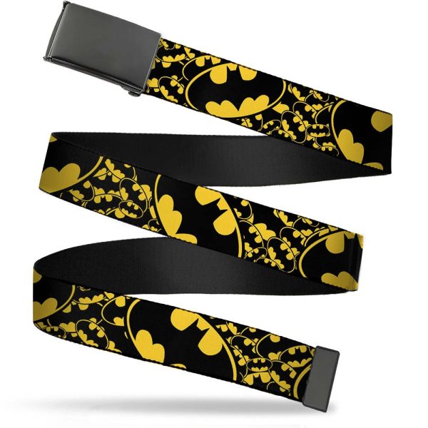 Black Buckle Web Belt - Bat Signals Stacked w CLOSE-UP Yellow Black Webbing For Cheap
