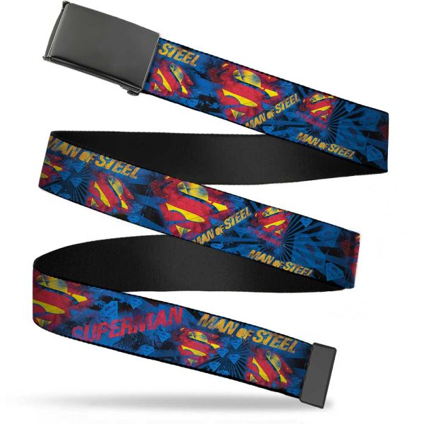 Black Buckle Web Belt - SUPERMAN MAN OF STEEL Shield Collage Rays Black Blues Reds Yellows Webbing Discount