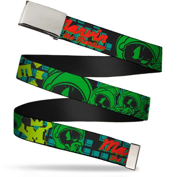 Chrome Buckle Web Belt - MARVIN THE MARTIAN w Poses Black Turquoise Webbing For Cheap