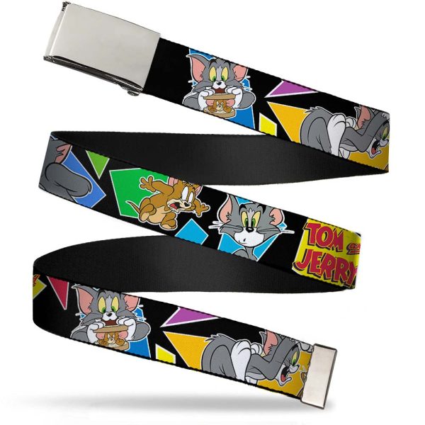 Chrome Buckle Web Belt - TOM & JERRY Poses Black Multi Color Webbing For Cheap