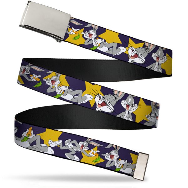 Chrome Buckle Web Belt - Bugs Bunny Poses Stars Navy Webbing For Sale